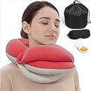 BUYUE Travel Neck Pillows for Airplanes, 360° Head Support Sleeping Essentials for Long Flight, Skin-Friendly & Breathable, Kit with 3D Contoured Eye Mask, Earplugs and Storage Bag (Adult, Pink)