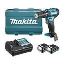 Makita HP333DWYE 12V Cordless Hammer Driver Drill 10 millimeters, 0.375 inches, 18 Watts 28 N.m With Carrying Case, 2 Batteries & 1 Charger, Blue and Black