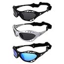 3 Pairs of Birdz Seahawk Polarized Sunglasses for Watersports Jet Ski Surfing Kayaking 1 Black & Silver Frames w/Smoke Lenses & 1 Black Frame w/Blue Lens, Black/Silver