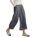 Ecupper Womens Loose Cotton Capris Plus Size Casual Elastic Waist Trouser Cropped Wide Leg Pants Grey M