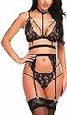 Women Babydoll Lingerie Bra Panty Set for Honeymoon Special Night Occasion with Bra Panty, G-Thong and Garter Belt Red (Free Size, Black)