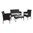 XEO HOME 4 Pc Rattan Garden Furniture Sets, 4 Piece Indoor, Outdoor, Table and Chairs Set, Balcony, Patio and Conservatory Furniture Sofa, Backyard, Pool Side Coffee Seater (Black)