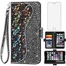 Phone Case for iPhone 6 6s Wallet Cover with Screen Protector and Wrist Strap Flip Card Holder Bling Glitter Cell iPhone6 Six i6 S iPhone6s iPhine6s iPhones6s i Phone6s Phone6 6a S6 Women Girls Black