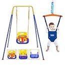 FUNLIO 2 in 1 Swing Set for Toddler & Baby Jumper, Heavy Duty Kids Swing & Bouncer with 4 Sandbags, Foldable Metal Stand for Indoor/Outdoor Play, Easy to Assemble and Store