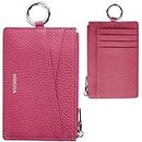 Slim Card Wallet with Keychain, Genuine Leather Credit Card Holder for Women, Hot Pink Small Front Pocket Wallets, Thin Card Case, ID Case with Zip Coin Pouch, Minimalist & Compact