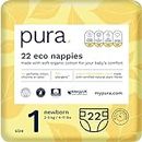 Pura Eco Baby Nappies Size 1 (Newborn 2-5kg / 4-11 lbs) 1 Pack of 22 Diapers, New Baby, EU Ecolabel Certified, Made with Organic Cotton, Wetness Indicator, Tiny Small Baby