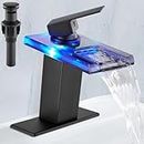 Midanya LED Bathroom Sink Faucet,Waterfall Single Handle Hole Bathroom Faucet,3 Colors Changing RV Vanity Faucets for Sink 1 Hole with Pop Up Drain and Water Hoses Open Glass Spout Matte Black