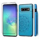 Anyisposs Phone Case for Samsung Galaxy S10 Plus Wallet Case with Tempered Glass Screen Protector Card Holder Slots Stand Cover Flip Cases Glaxay S10+ S10plus 10S Edge S 10 10plus -G975U Men (Blue)