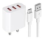 48W Ultra Fast Type-C Charger for Sam-Sung Galaxy A3 (2017) Original Mobile Wall Charger Smartphone Hi Speed Fast Type-C Triple Port Charger with 1.2m Type C Cable (White, ST.S)