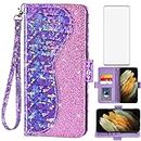 Asuwish Phone Case for Samsung Galaxy S21 Ultra Glaxay S21ultra 5G Wallet Cover with Screen Protector and Wrist Strap Flip Card Holder Bling Glitter Cell Gaxaly 21S S 21 21ultra G5 Women Girls Purple