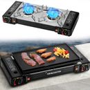 Outdoor Twin Stove Portable Camping Hiking 2 Burner Gas Grill BBQ Cooker & Plate