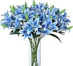 LNHOMY 6 Pack Artificial Lily Flowers Full Bloom Fake Latex Real Touch Artificial Flower Bouquets with 3 Heads Party Decor Home Décor (Blue)