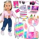 K.T. Fancy 13 PCS 18 Inch Girl Doll Accessories Suitcase Luggage Travel Set Including Rainbow Suitcase Rainbow Bag Camera Computer Cell Phone Neck Pillow Eye Mask Glasses Gift for Christmas