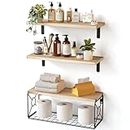 Pipishell Floating Shelves with Wire Strorage Basket, Paulownia Wood Bathroom Shelves for Home Organization & Wall Decor, Bathroom/Kitchen/Living Room/Office Shelves, Set of 3+1, Natural