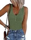 MEROKEETY Women's 2024 Ribbed Button V Neck Bodysuits Sleeveless Slim Fit Knit Body Suits Green M