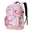 MOSISO 15.6-16 inch 20L Laptop Backpack for Women, Polyester Anti-Theft Casual Daypack Bag with Luggage Strap&USB Charging Port, Travel Business Backpack, Marble MO-MBH216, Pink