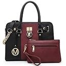 MKP Women Satchel Handbags Purses Two tone Top Handle Tote Shoulder Bags with Matching Wristlet Wallet Set 2pcs, Red/Black, 13.75"W x 11"H x 6.25"D