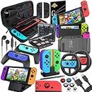 Nintendo Switch Accessories Bundle, Kit with Carrying Case, Screen Protector, Compact Playstand, Switch Game Case, Joystick Cap, Charging Dock, Grip and Steering Wheel for Nintendo Switch, (18 in 1)