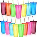Honeydak 15 Pack Tumbler with Straw and Lid Bulk Water Bottle Iced Coffee Travel Mug Cup Reusable Plastic Cups for Parties Birthdays 24-27 oz (Cute Colors)