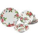 LEHAHA 12 Pcs Melamine Dinnerware Sets, Rose Flower Plates and Bowls Sets, Set of 4 Spring Floral Dishes Dinnerware Set, Great For Valentine's Day,Christmas, Mother's Day and Daily Use, Red Rose