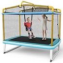Goplus 3-in-1 6FT Kids Trampoline with Swing and Horizontal Bar, Mini Toddler Trampoline w/Enclosure Safety Net, Seamless Spring Cover, Outdoor Indoor ASTM Approved Rectangle Trampoline (Blue+Yellow)