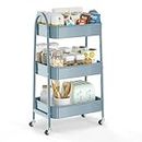 EAGMAK 3 Tier Utility Rolling Cart, Metal Storage Cart with Handle and Lockable Wheels, Multifunctional Storage Organizer Trolley with Mesh Baskets for Kitchen, Living Room, Office, Garage (Blue)