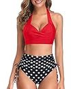 Holipick Women Two Piece Retro Swimsuit Halter Tummy Control High Waisted Bikini with Bottom, Red Dot Polk, X-Large