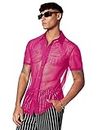 Verdusa Men's Sheer Mesh Button Up Shirt See Through Short Sleeve Top Hot Pink M