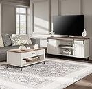 WAMPAT Farmhouse Living Room Furniture Set of 2, 42" White Coffee Table Set with 59" Sliding Barn Door TV Stand, White & Oak, Wood and Metal