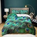 YBRAVO King Size Duvet Cover Sets Peacock Feathers & Green 3D Printed Duvet Cover Soft Microfibre King Size Bedding Sets 220 x 230cm with 2 Pillowcases Zipper Closure Bedroom Decorative