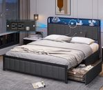 LED Bed Frame Queen Size with Storage Drawers, Upholstered Metal Platform Bed
