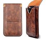 SmartPoint Genuine Leather Double Mobile Pouch Belt Clip Cases Bag Pack for LG W31 - Brown (2 Pocket for 6.5 inch and 5.5 inch)