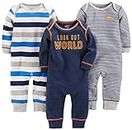 Simple Joys by Carter's Baby Boys' Jumpsuits, Pack of 3, Grey Heather Rugby Stripe/Navy Text Print/White Stripe, 12 Months