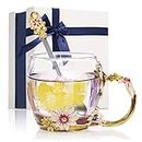 Decdeal Enamel Glass Mug, Flower Tea Cup Lead-Free Coffee Mug with Spoon&Cleaning Cloth&Gift Box,Gifts for Mum,Wife,Girl,Teacher on Birthday,Valentine's Day,Mother's Day,Wedding Anniversary,Christmas
