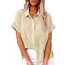 Women's Summer T Shirts Short Sleeve Linen Blouse Collared Neck Solid Color Tops Casual Baggy Tees Trendy Going Out Tops Clothes B-128