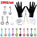 27 Pcs Professional Body Piercing Tool Kit 14G Belly Button Rings Needles Set