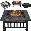 Yaheetech 3 in 1 Fire Pits for Garden Outdoor Patio Heater Metal Square Fire pit/Ice Pit Garden Accessories with Log Poker, Mesh Screen Lid and Waterproof Cover 81.2X81.2X50cm (with Lid)