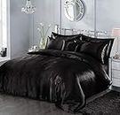 7 Piece Satin Sheets Super Soft Shiny Bedding Sets, 1 x Duvet Cover, 1 x Fitted Bed Sheet, 4 x Pillow Cases, 1 x Cushion Cover, Full Complete Bed Set (Black, Double)