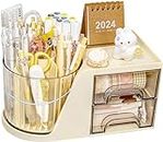 Amazon Brand – Umi Rotating Desk Organizer with Drawer, Bathroom Organizer, 360° Rotating Desktop Organizer For Office Supplies Stationery Pens Staplers Clips Sticky Notes Visiting Card - Beige