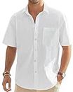 Alimens & Gentle Men's Lightweight Linen Short Sleeve Shirts Casual Button Down Shirt Family Vacation Shirt White
