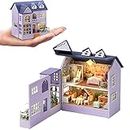 DIY Miniature Wooden Dollhouse Furniture Kit,Mini Handmade Doll House with LED,1:24 Scale Creative Woodcrafts Toys for Adult Friend Lover Birthday Gift (Happy House)