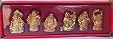 Monkey King Set of 6 Gold Color Feng Shui Laughing Buddha Statue Figures Luck & Wealth