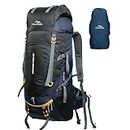 TRAWOC 65 Liter Internal Frame Camping Trekking Hiking Backpack Travel Bag for Men & Women Front & Top Loading Rucksack/Water Proof Rain Cover/Shoe Compartment, HK011 Navy Blue