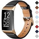 CeMiKa Genuine Leather Strap Compatible with Fitbit Charge 4 /Fitbit Charge 3,Adjustable Leather Replacement Wristband for Charge 3/Charge 4 Tracker Women Men, Black/Rose Gold