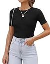 Jhsnjnr Womens Slim Fitted Crew Neck Tshirts Ribbed Knit Casual Basic Tee Tops Short Sleeve Shirt Black
