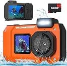 MOREXIMI 4K Underwater Camera 33FT Waterproof Camera, 65MP Autofocus Selfie Dual-Screen Underwater Camera for Snorkeling Waterproof Compact Floatable Digital Camera with 64GB Card (Orange)