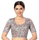 Studio Shringaar Women's Polyester Readymade tassar Silk Kalamkari Printed Saree Blouse with Short Sleeves(Multi-Color, 34)