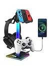 V RGB Gaming Headphones Stand with 2 USB Ports， Headset Stand with 10 Light Modes and Non-Slip Rubber, Suitable for All Earphone Accessories, Best Gift for Husband, Kids, Boyfriend