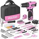 PULITUO 152pcs Cordless Drill Set, 12V Power Tools Kit with Lithium-Ion Battery and Charger, Pink Tool Bag for Women, 2 Variable Speeds, 21+1 Torque Settings, Home Tool Set Hand Tool Set for DIY
