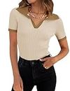 ZESICA Women's Short Sleeve V Neck T Shirts 2024 Summer Ribbed Knit Slim Fitted Basic Solid Color Tee Tops,Beige,Large